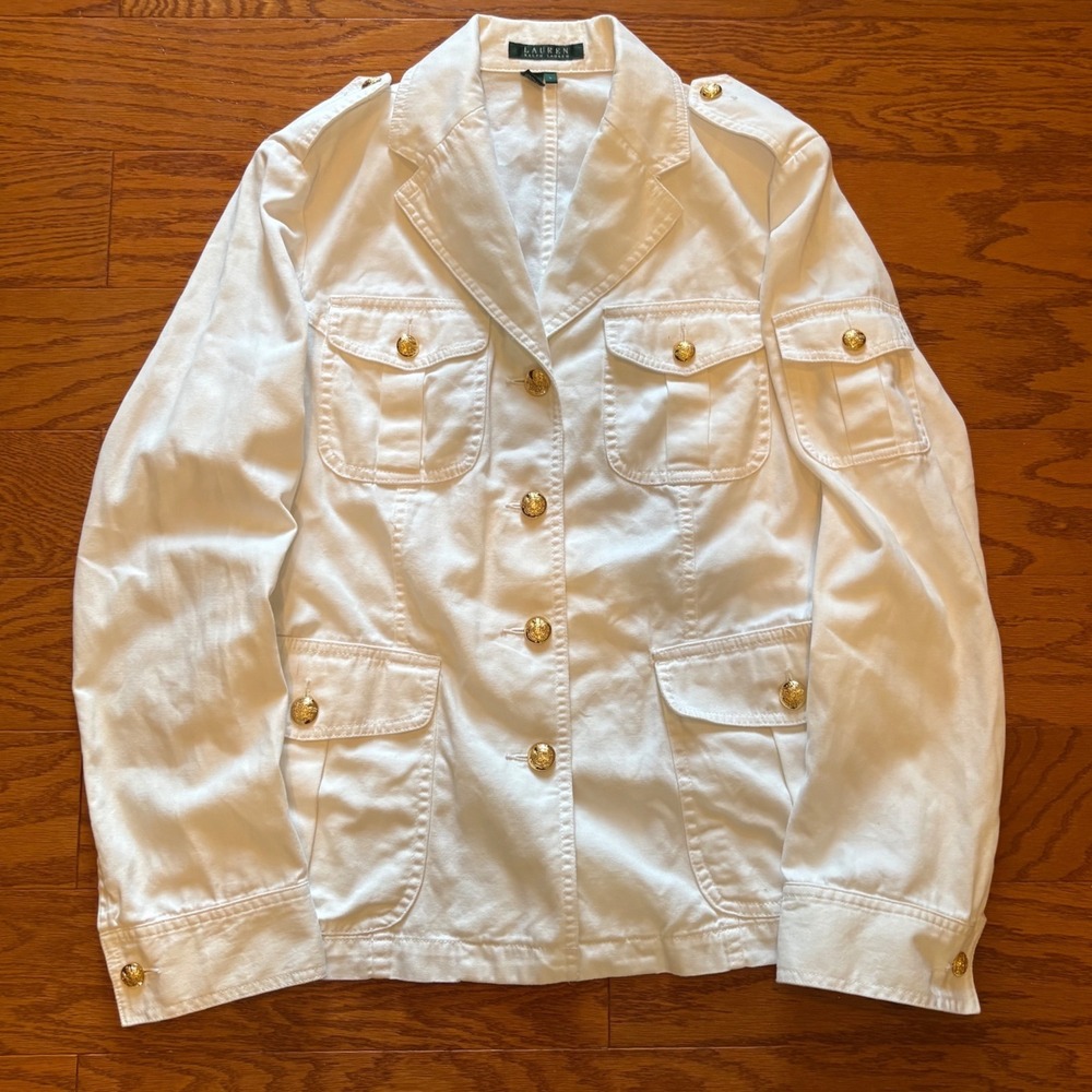 Lauren Ralph Lauren White Cotton Military Utility Jacket Gold Crest Buttons L